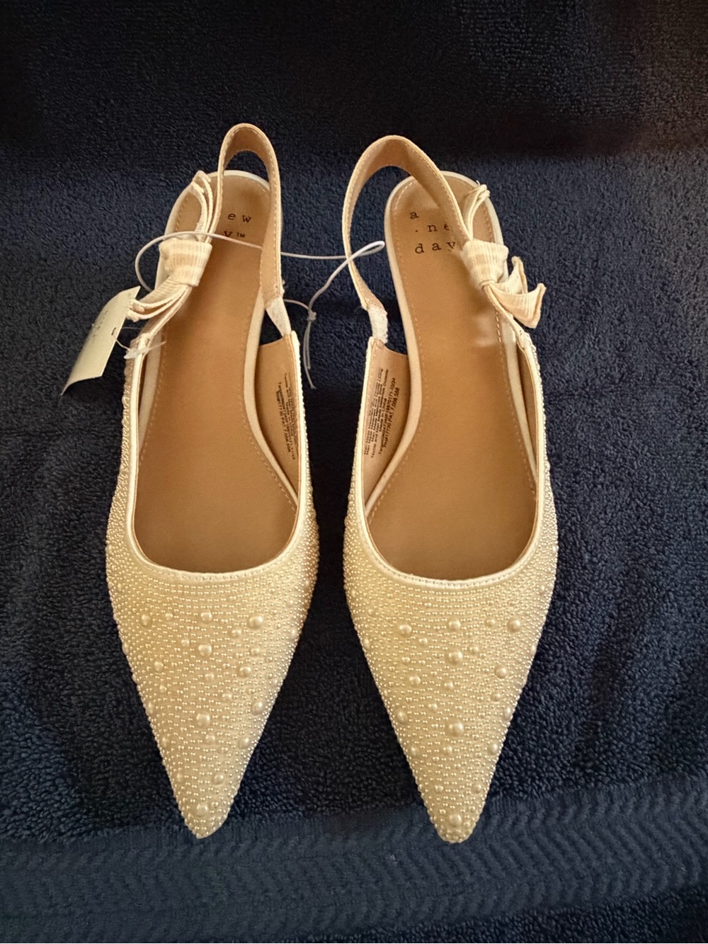 a new day Pearl-Embellished Pointed Slingback Flats in Cream